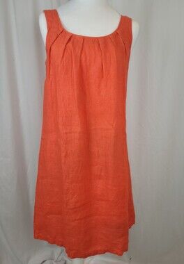 GRAND Greece Orange 100% Linen Pleated Trapeze Dress Size Small (Retail $108 +)